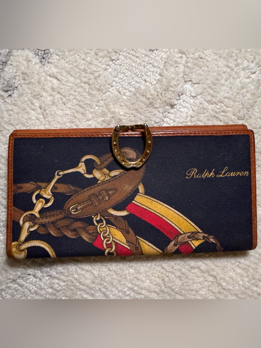 RARE Vintage Ralph Lauren Leather & Canvas Wallet with Unique Horseshoe Closure